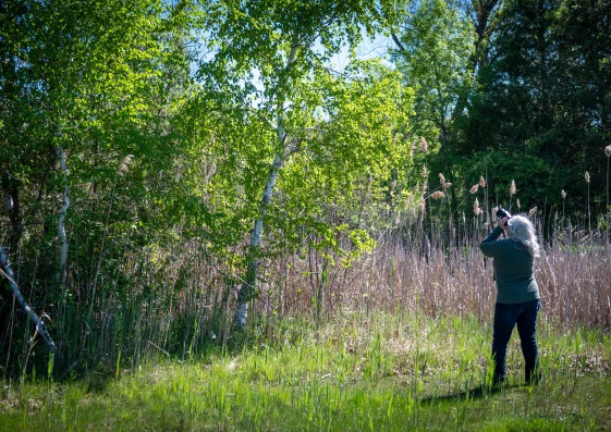 A man standing in the grass taking pictures.