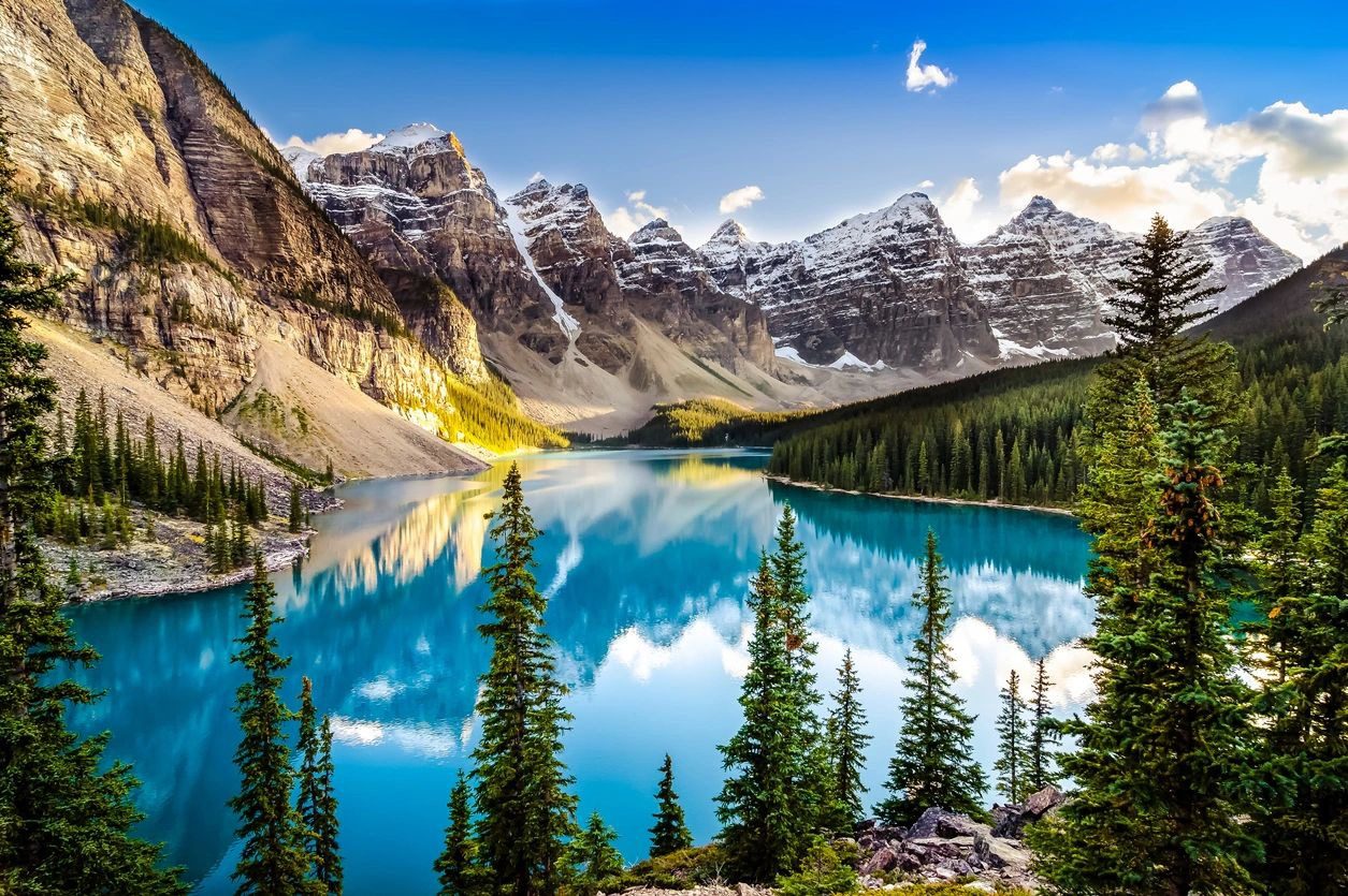 A lake with mountains in the background and trees