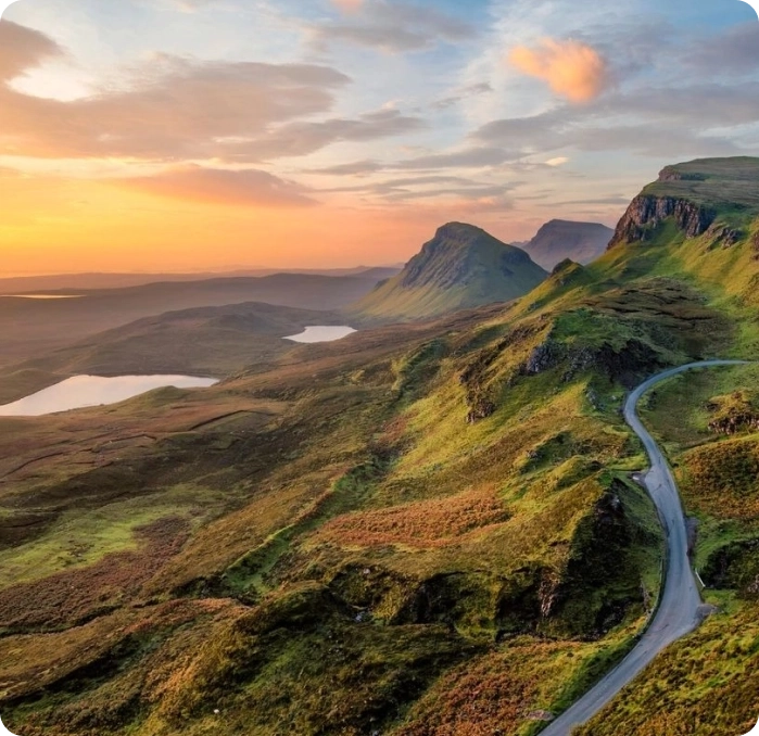 A painting of the mountains and valleys in scotland