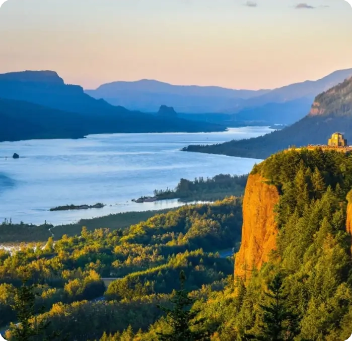 A view of the mountains and lake from above.